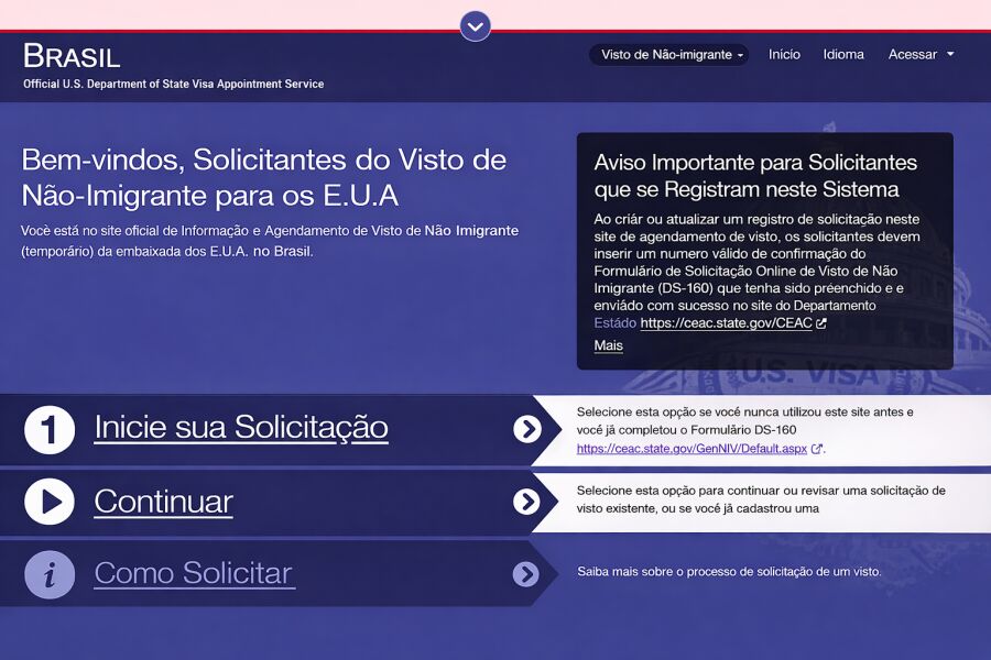 Imagem site de agendamento do visto americano